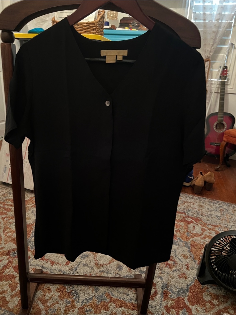 Studio Black V-Neck Short-Sleeve Blouse with Single Button